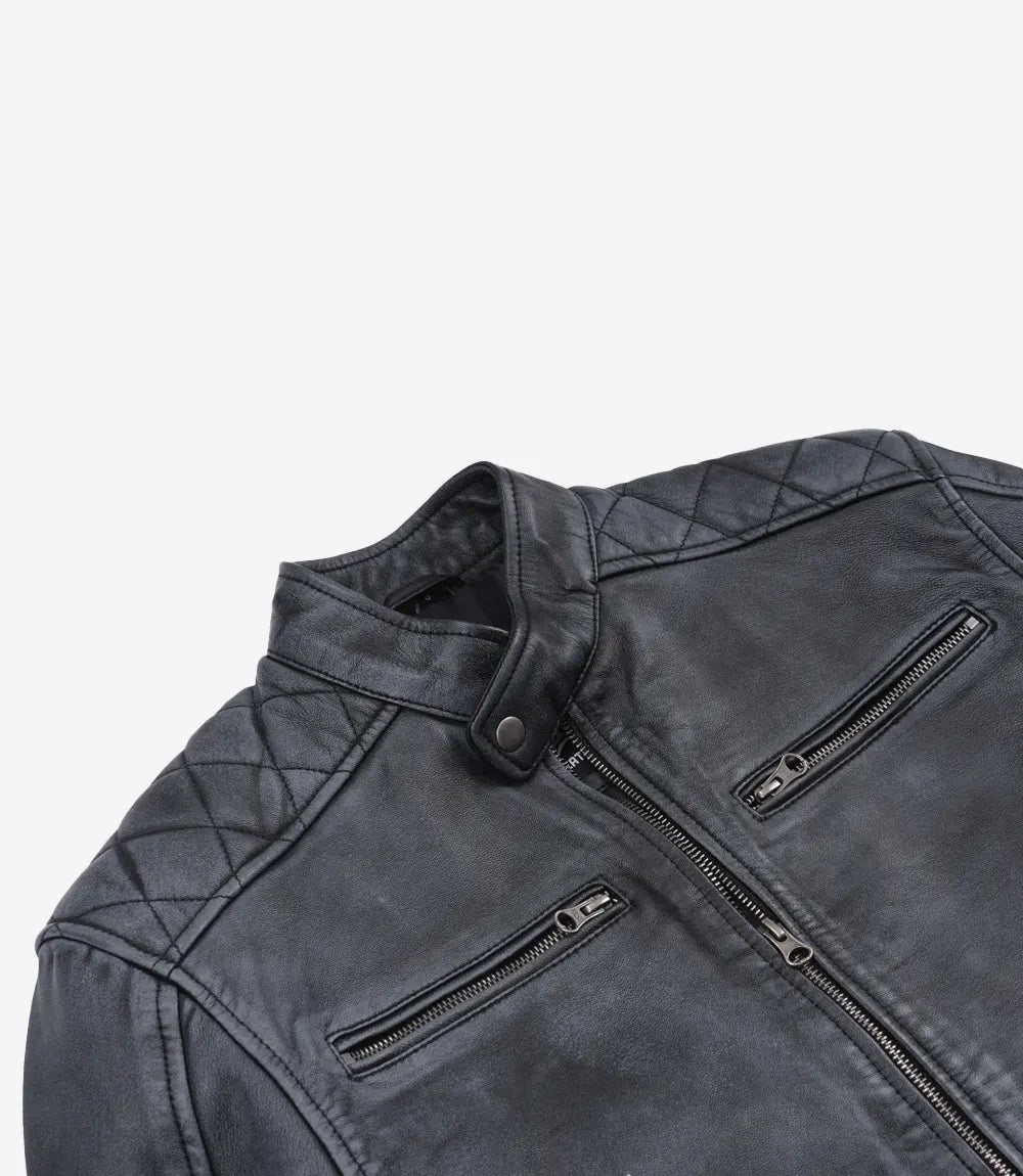 Men's Black Washed Leather Biker Style Jacket With Blue Arm Stripes