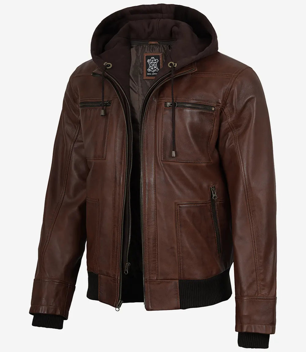Mens Cognac Waxed Bomber Leather Jacket With Hood