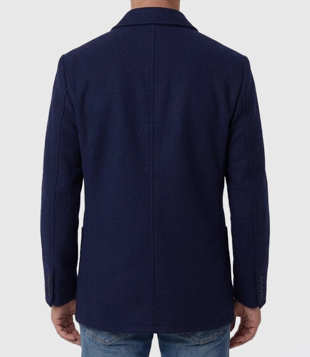 Mens Navy Blue Double Breasted Wool Blend Blazer