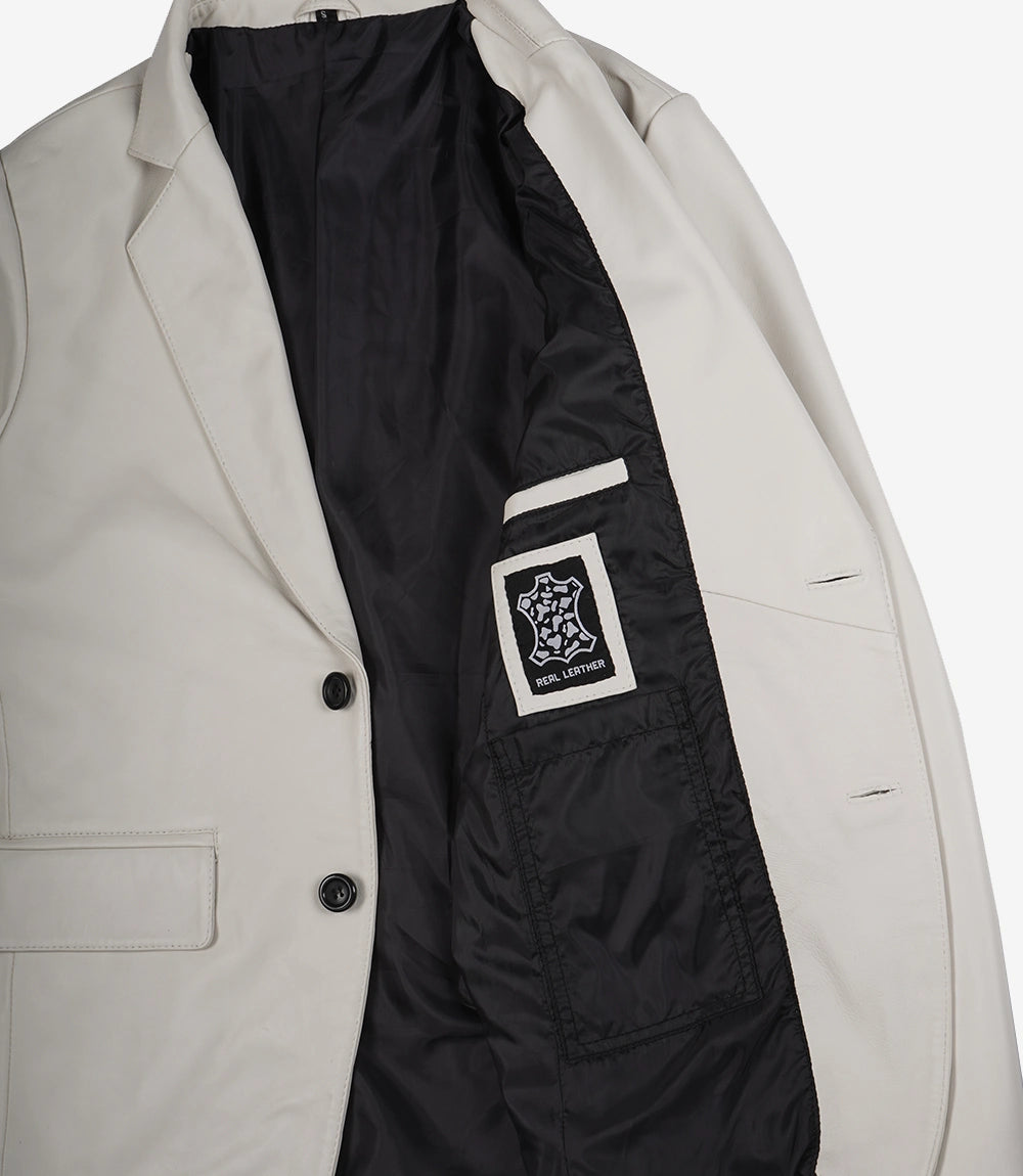 Men's Two Button Notch Lapel Off White Leather Blazer