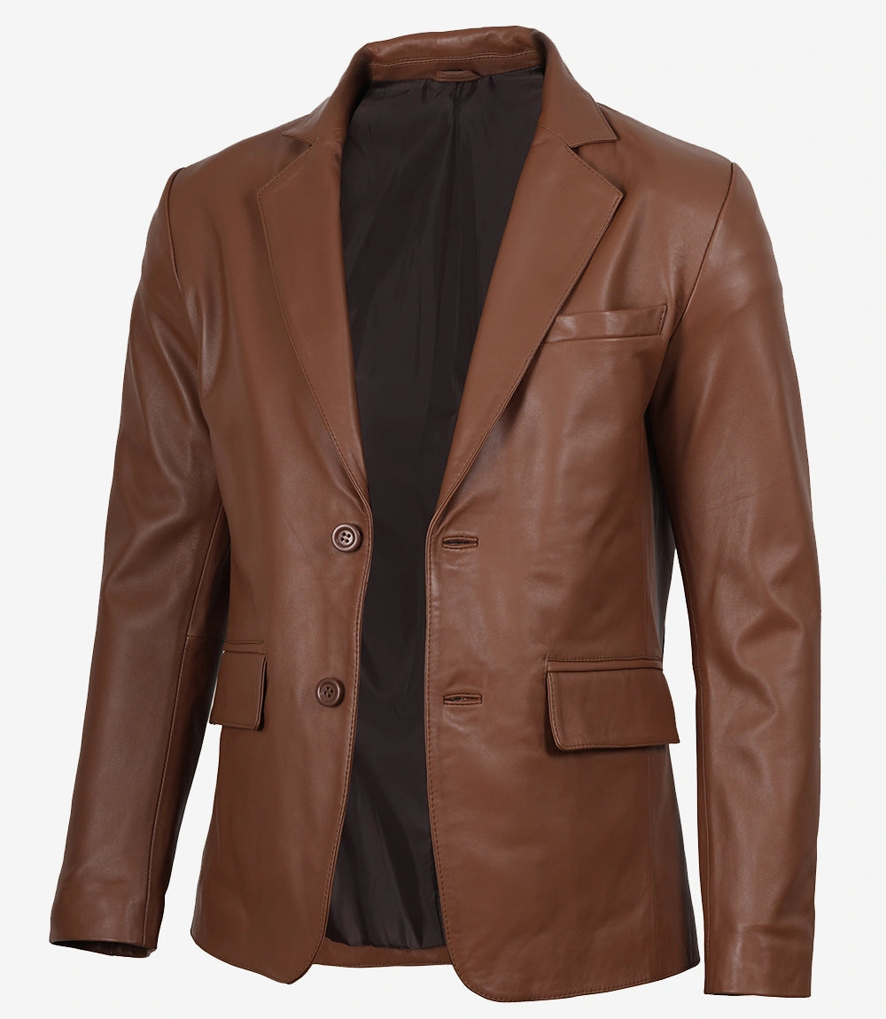 Mens 2 Buttons Brown Leather Blazer