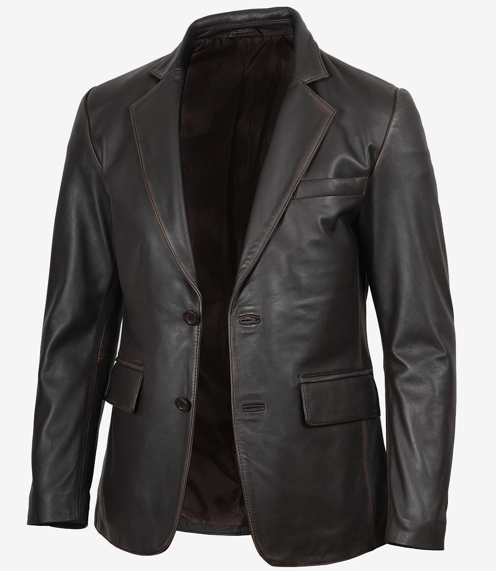 Mens Two Button Notch Lapel Ruboff Brown Leather Blazer Jacket