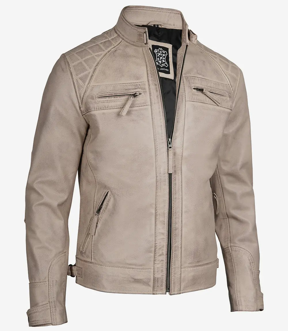 Mens Cafe Racer Beige Leather Jacket