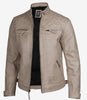 Mens Cafe Racer Beige Leather Jacket