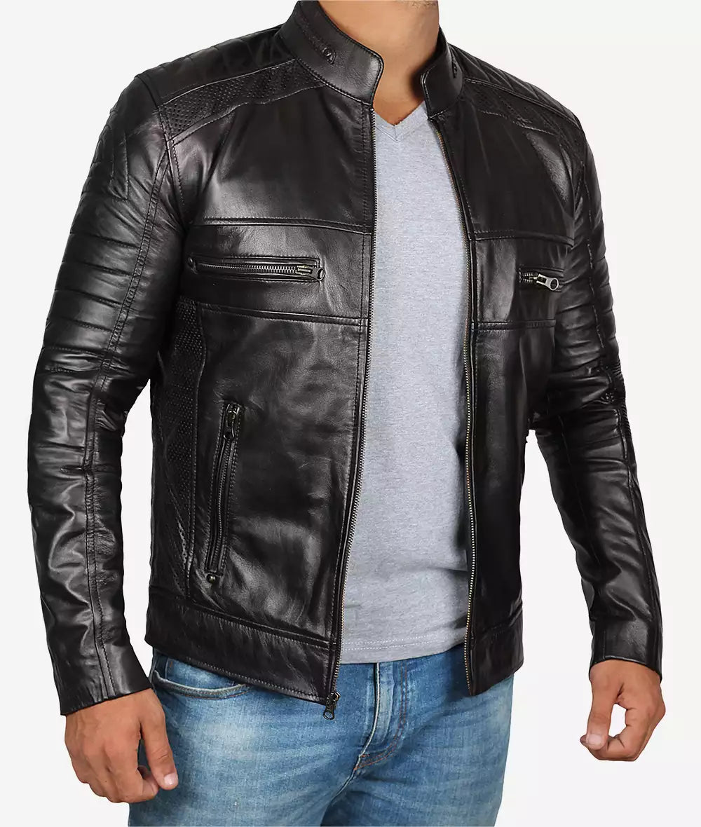 Mens Tall Black Cafe Racer Leather Jacket