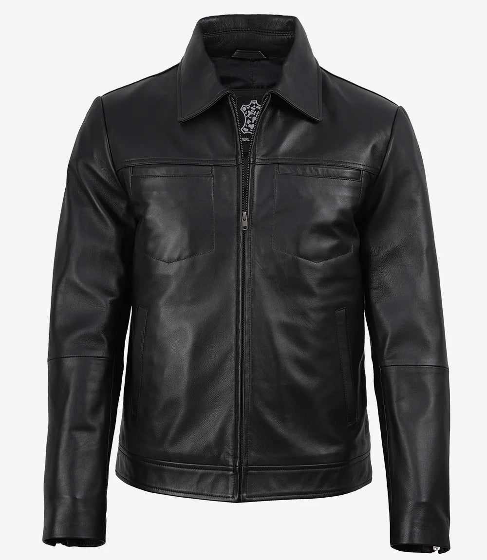 Men's Black Harrington Leather Jacket - Black - view 3
