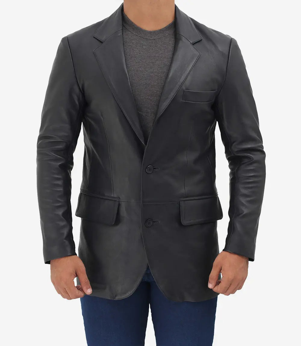 2 Buttons Leather Black Blazer for Men