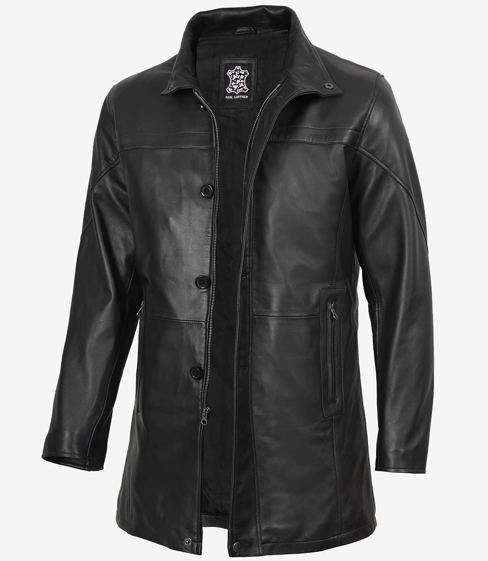 Tall Men's Black Leather Car Coat – 3/4 Length Jacket