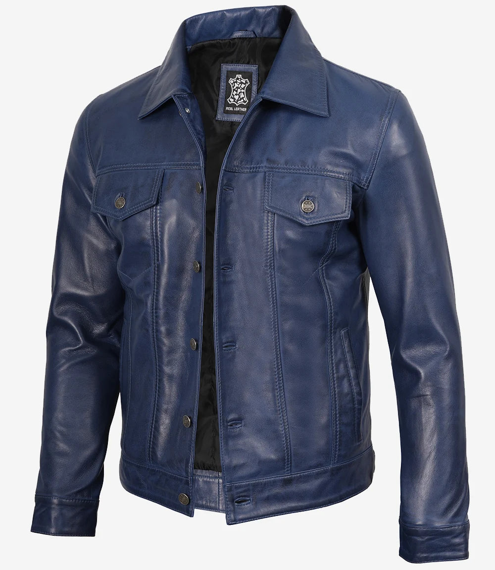 Mens Real Lambskin Leather Blue Waxed Trucker Jacket