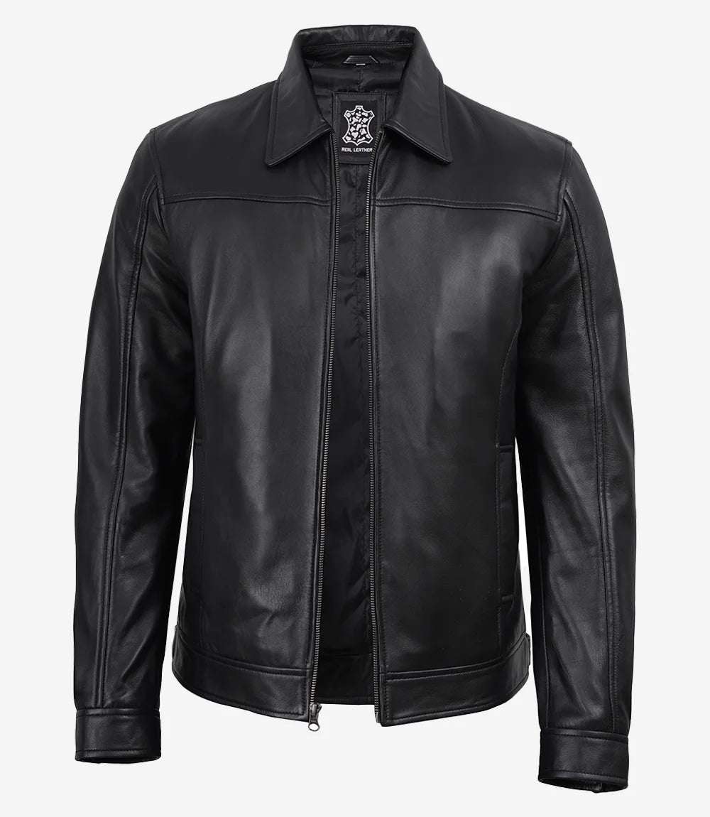 Men's Black Shirt Collar Leather Jacket - Harrington Style - Black - view 2
