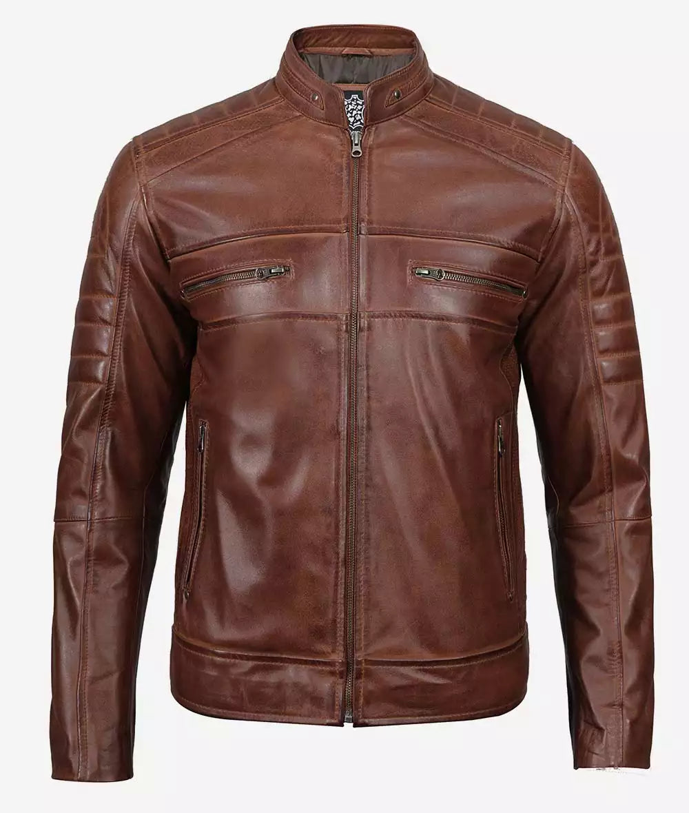 Mens Tall Brown Waxed Perforated Leather Jacket