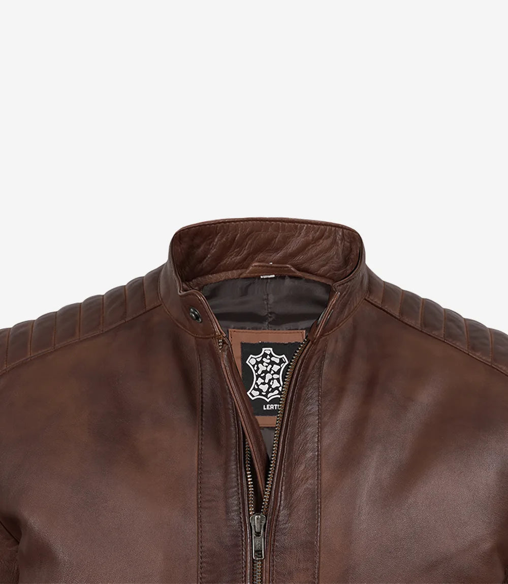 Men's Cognac Waxed Biker Style Jacket - Striped Sleeves - Cognac Waxed - view 5