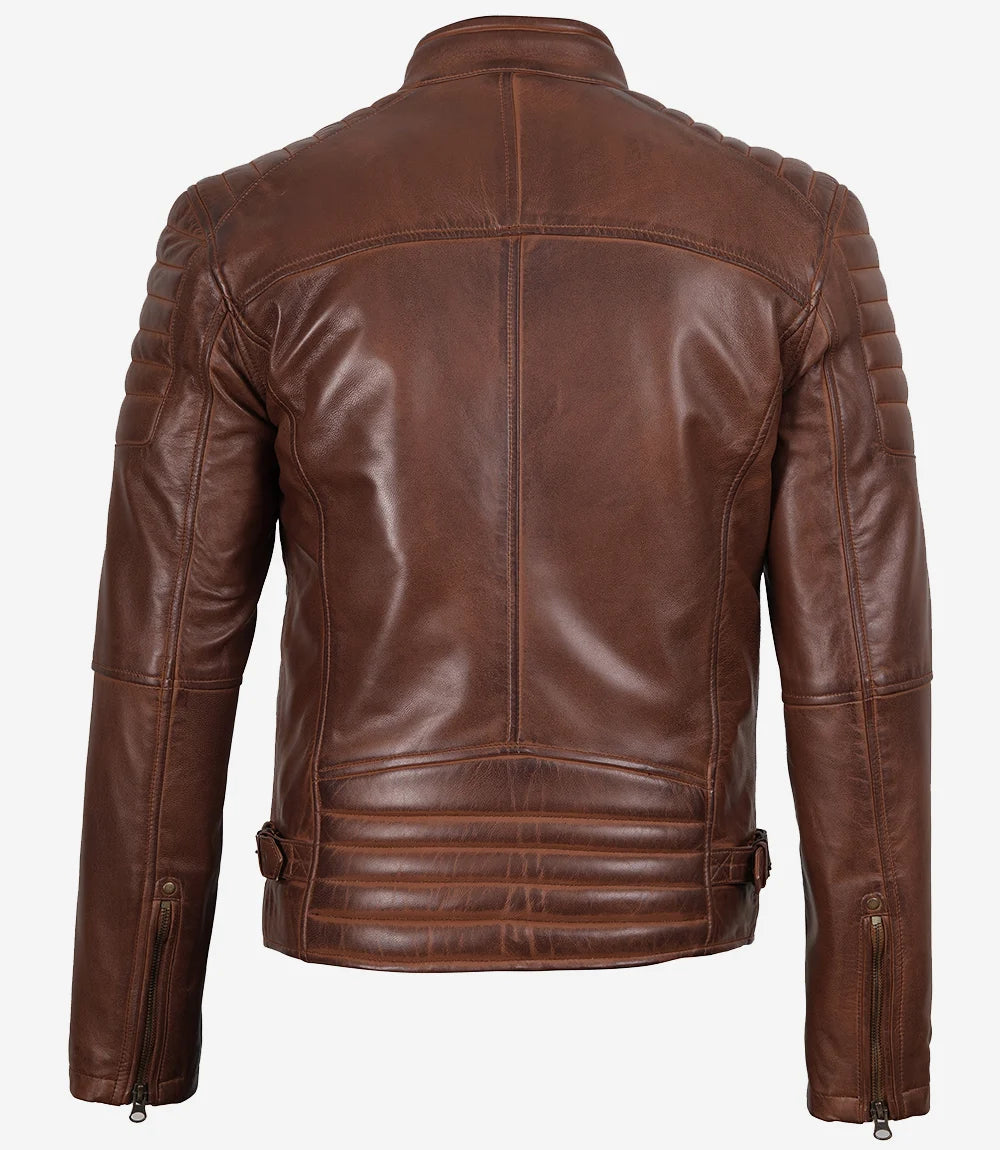Mens Cognac Waxed Cafe Racer Leather Jacket