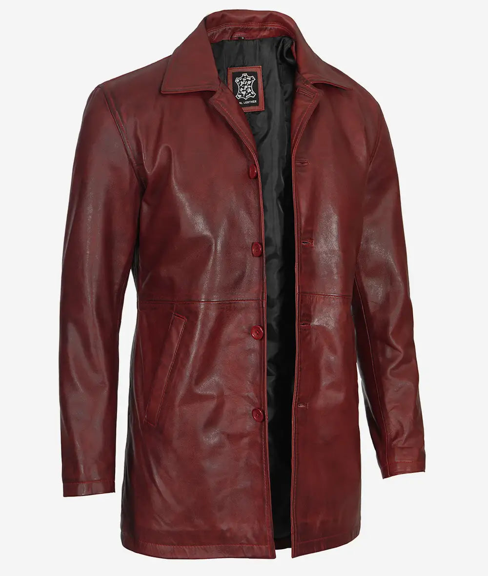 Distressed Leather Maroon Coat Mens