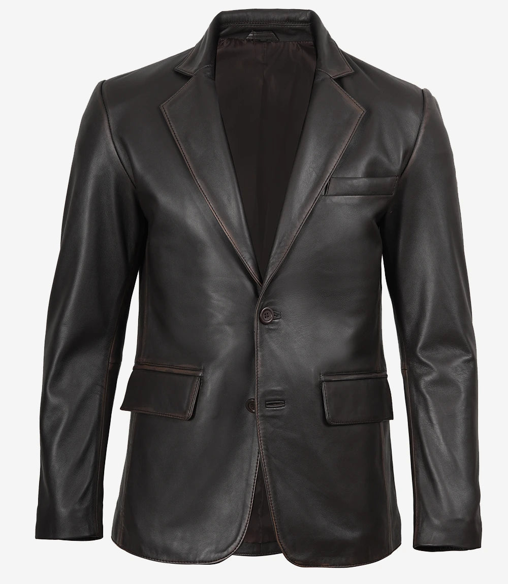 Mens Two Button Notch Lapel Ruboff Brown Leather Blazer Jacket