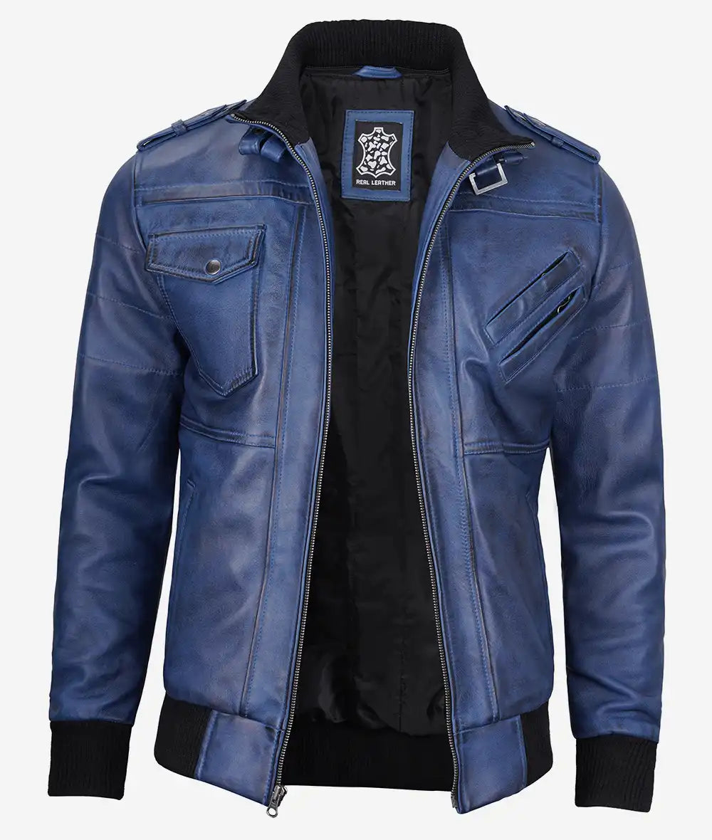 Mens Blue Waxed Bomber Leather Jacket With Hood