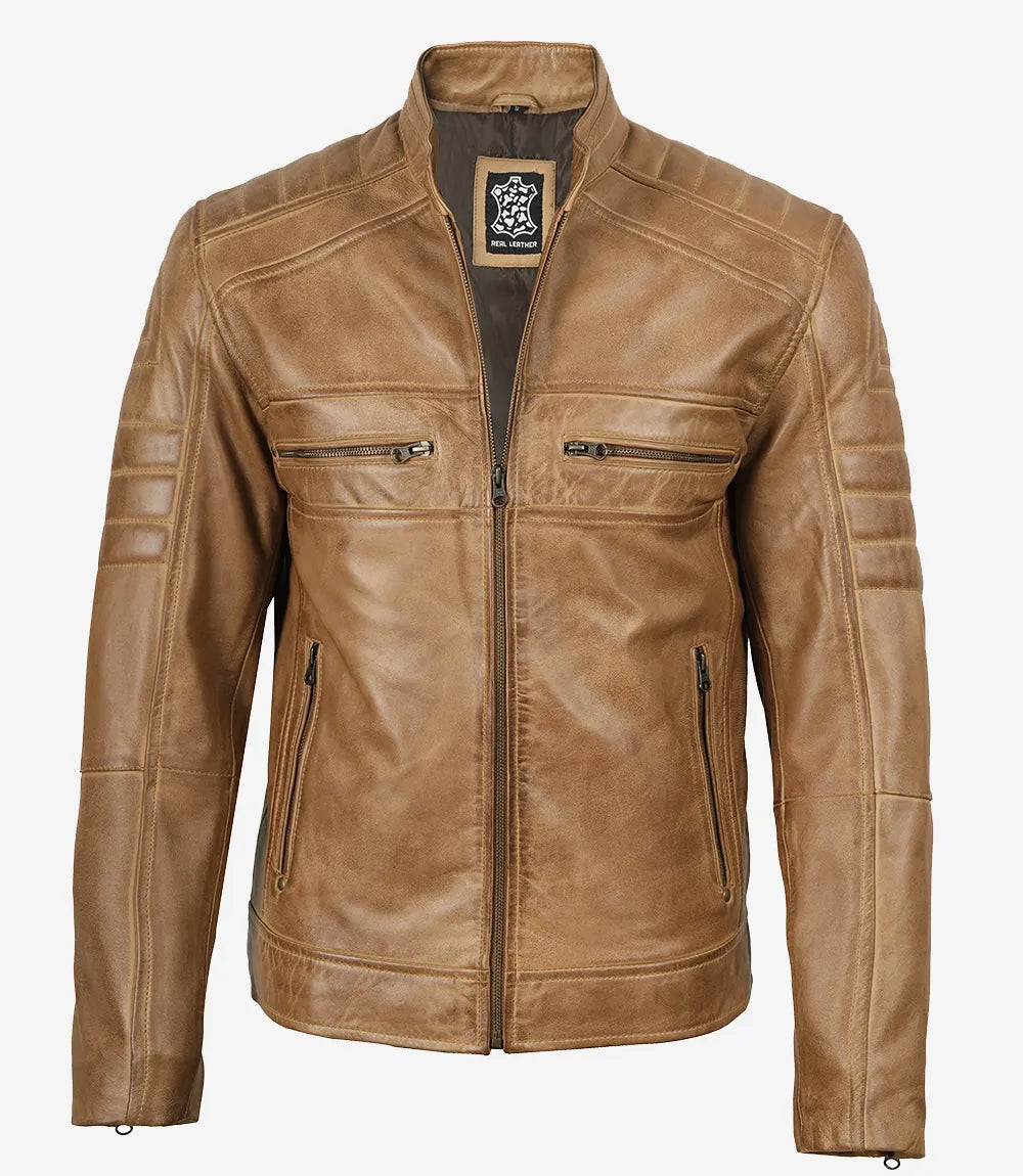 Men's Biker Style Camel Brown Leather Jacket