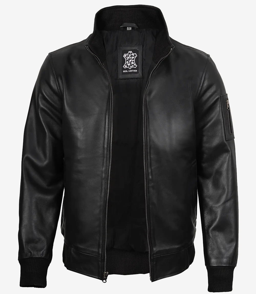 Men's Black Cowhide Leather Bomber Jacket