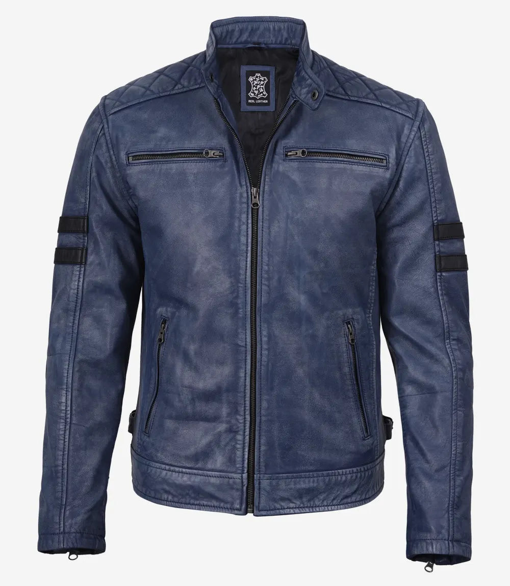 Men's Washed Blue Biker Style Leather Jacket With Black Stripes