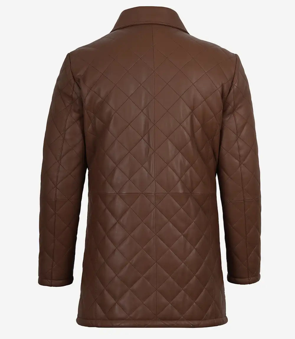 Men's Cognac Diamond Quilted Leather Car Coat With Black Detailing