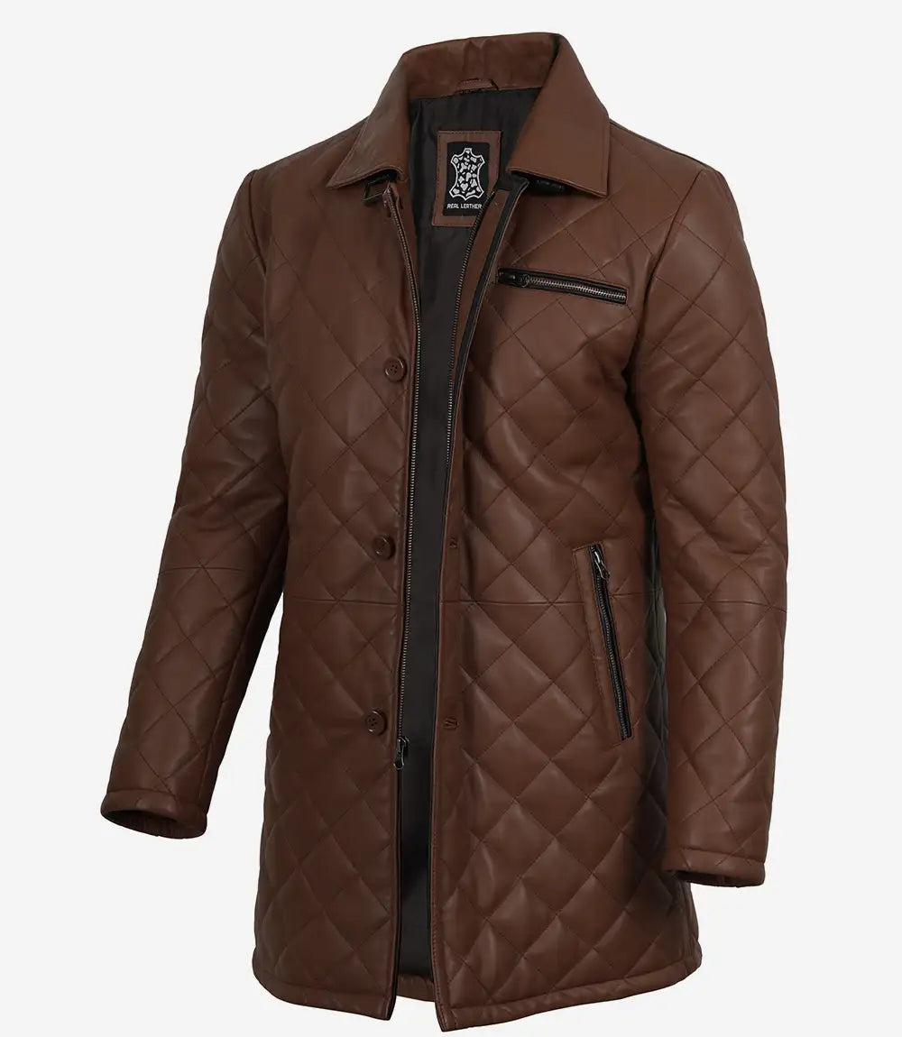 Men's Cognac Diamond Quilted Leather Car Coat With Black Detailing