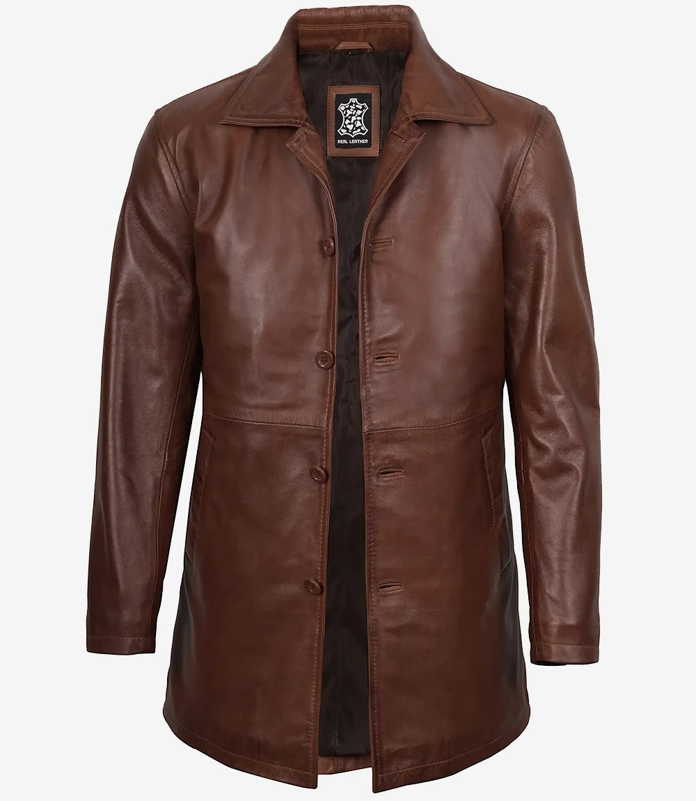 Men's Real Leather Button Down Cognac Car Coat