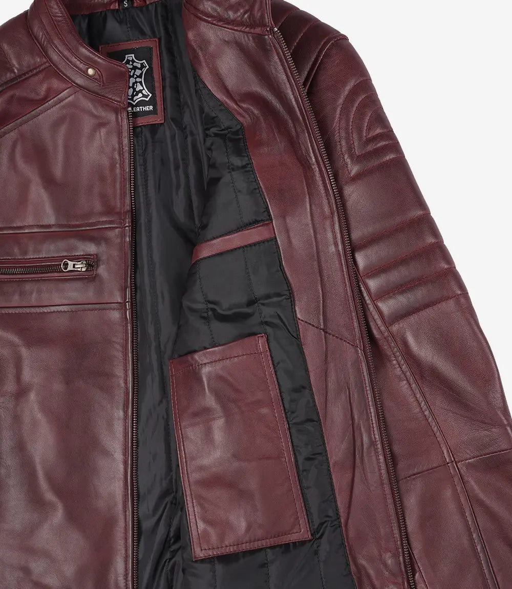 Mens Biker Style Burgundy Leather Jacket