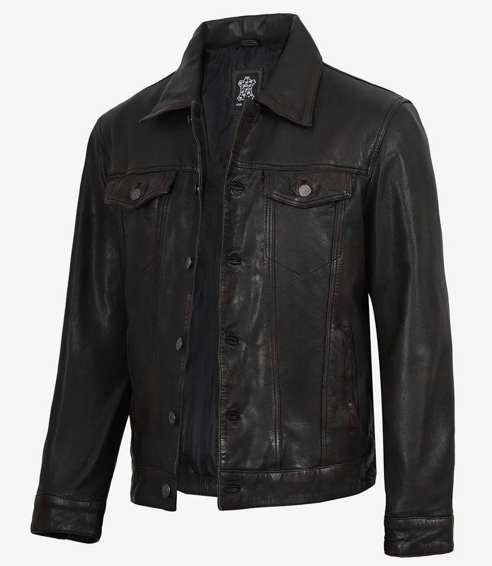 Men’s Black Washed Leather Trucker Jacket – Maroon Waxed Finish