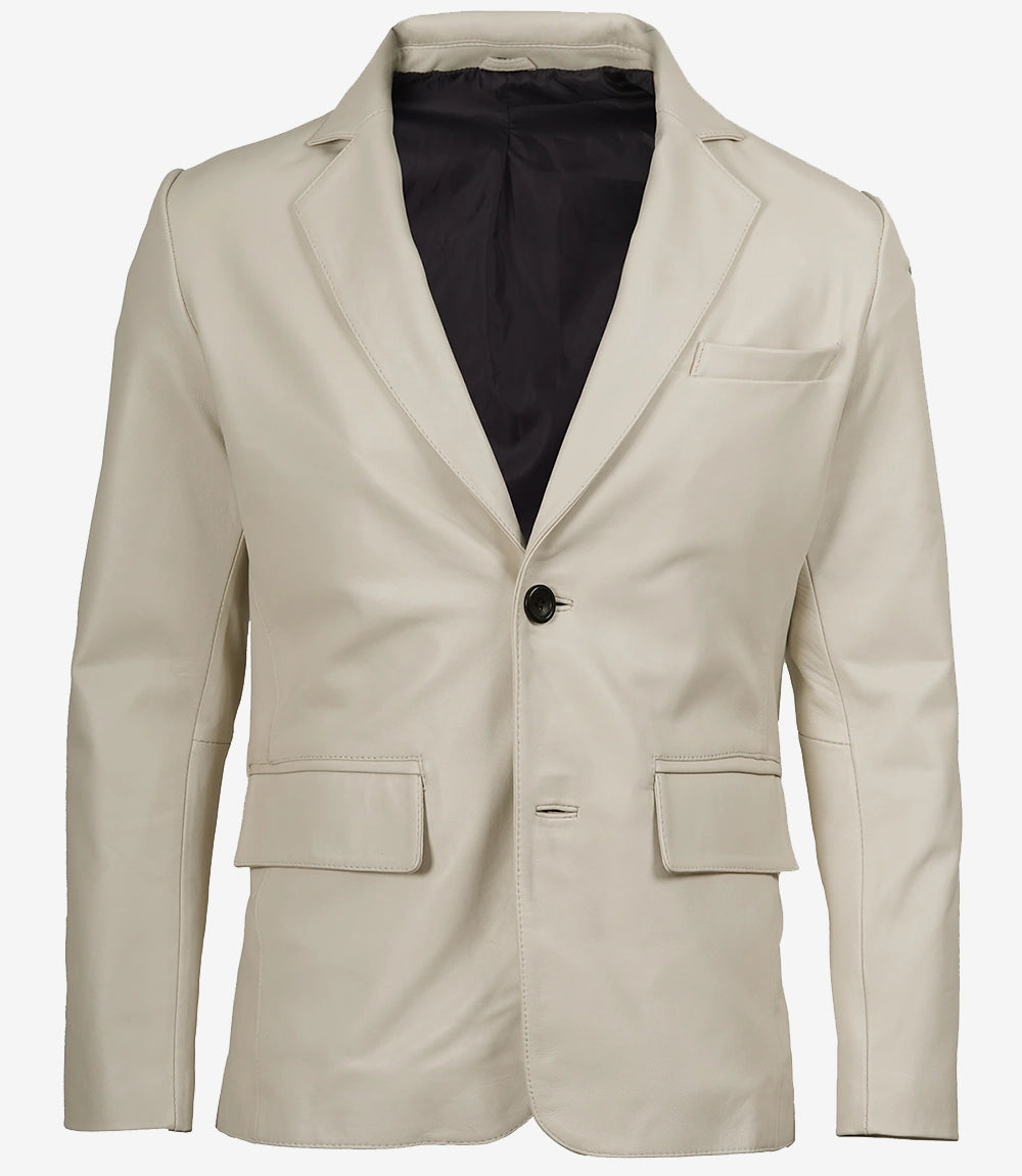 Men's Two Button Notch Lapel Off White Leather Blazer