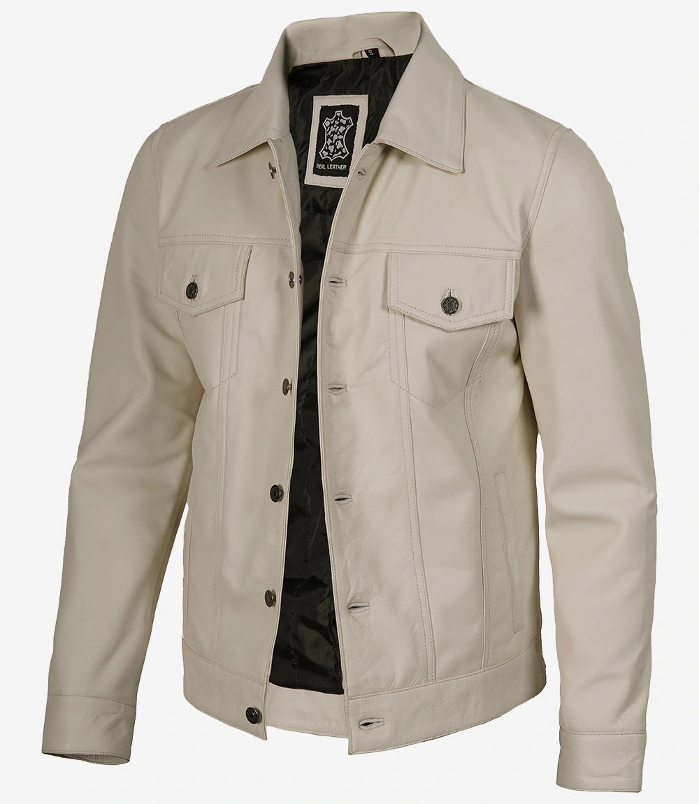 Mens Four Pockets Off White Leather Trucker Jacket