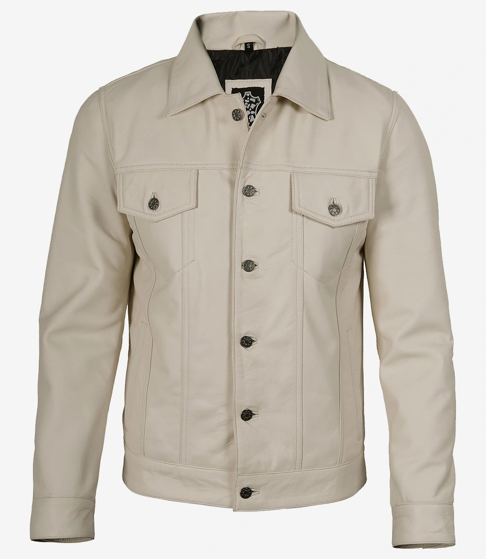Mens Four Pockets Off White Leather Trucker Jacket