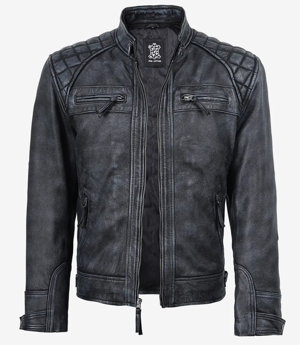 Mens Washed Leather Distressed Black Jacket