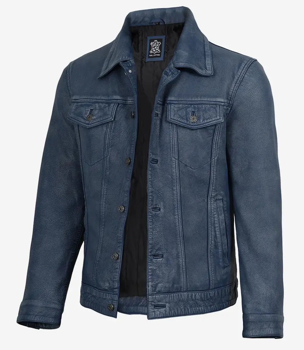 Men's Blue Washed Distress Leather Trucker Jacket - Denim Style