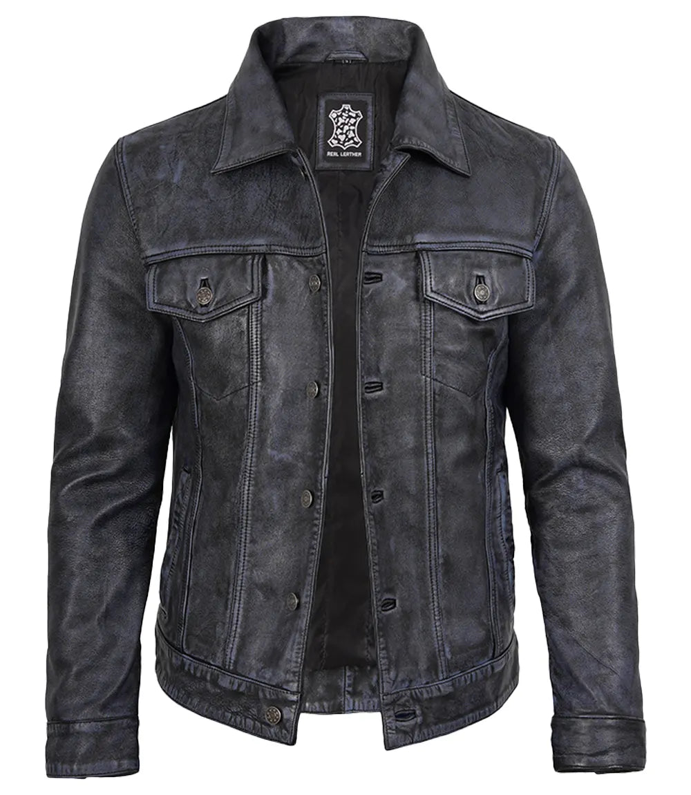 Mens Black Washed Leather Trucker Style Jacket