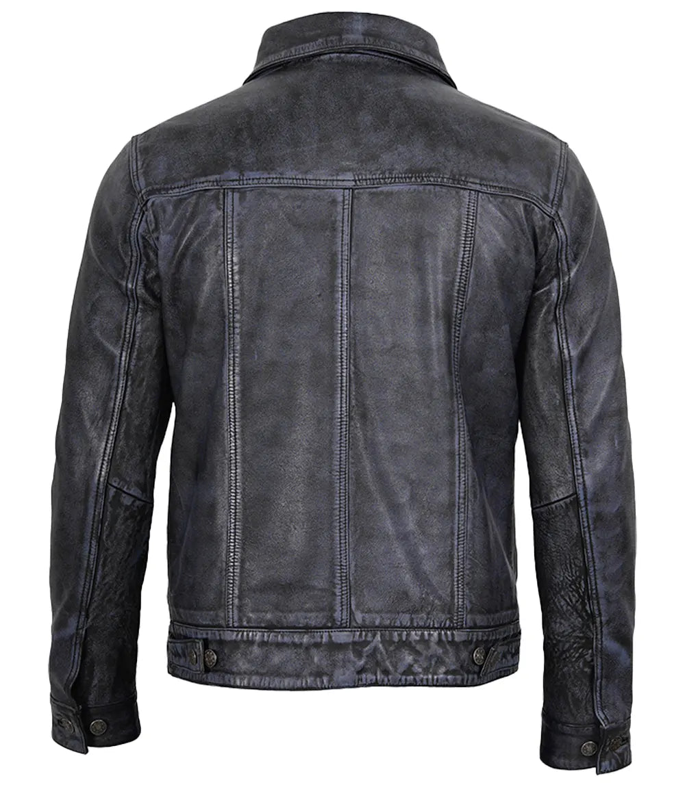 Mens Black Washed Leather Trucker Style Jacket