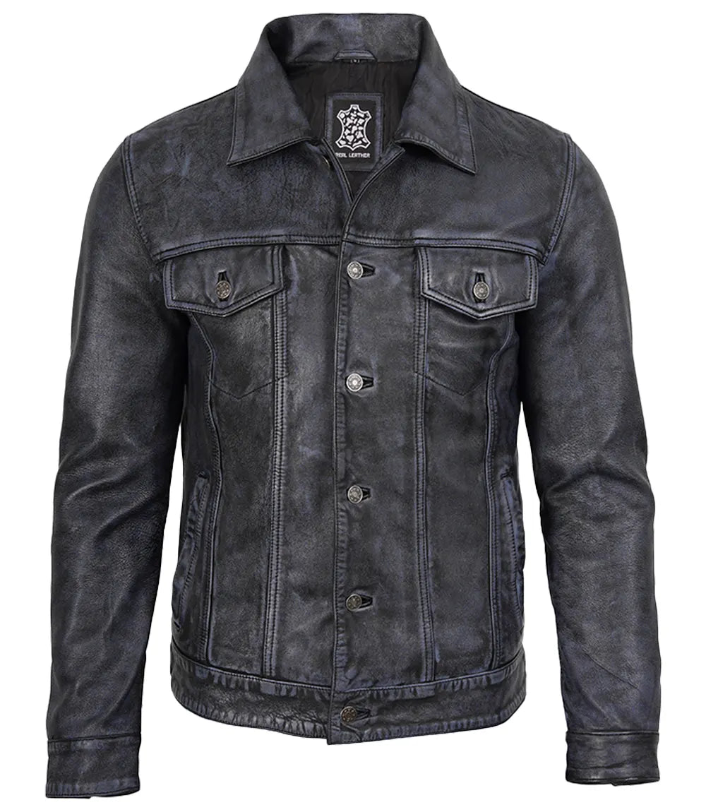 Mens Black Washed Leather Trucker Style Jacket