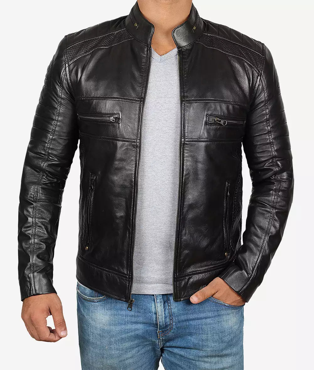 Mens Tall Black Cafe Racer Leather Jacket