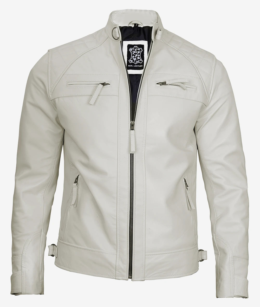 Mens Quilted Shoulder White Cafe Racer Leather Jacket