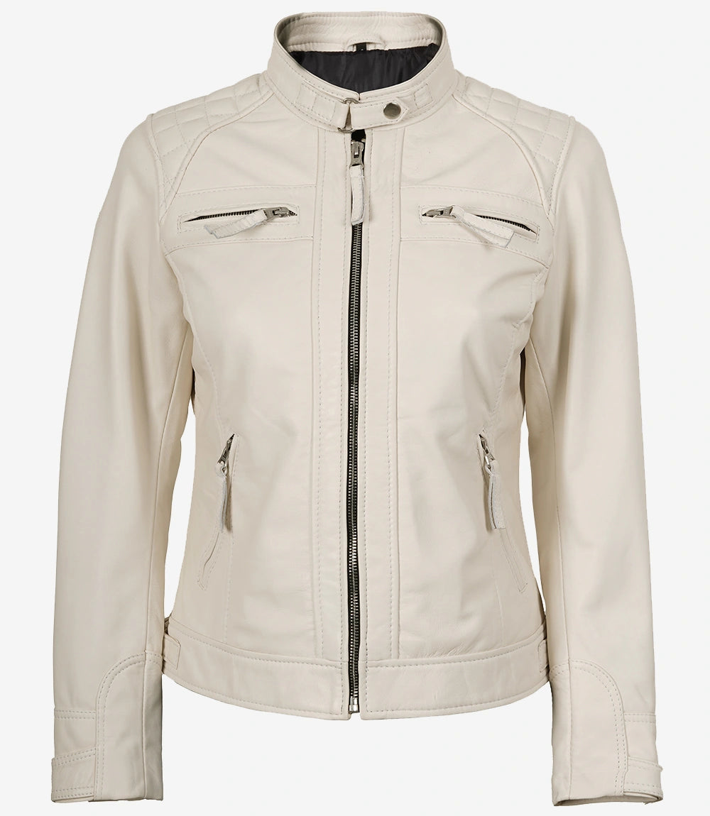 Womens Real Lambskin Leather Off White Quilted Biker Style Jacket