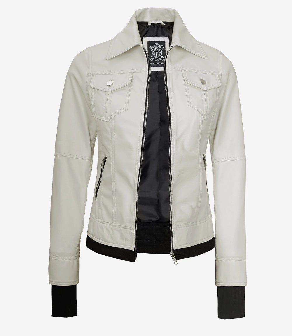 Womens White Bomber Leather Jacket with Removable Hood