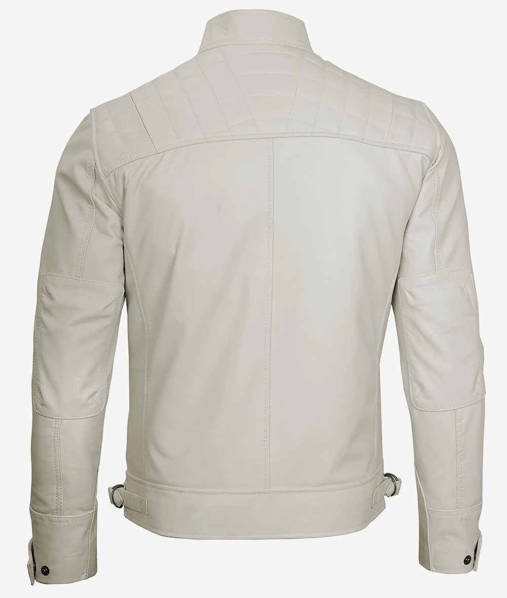Mens Quilted Shoulder White Cafe Racer Leather Jacket
