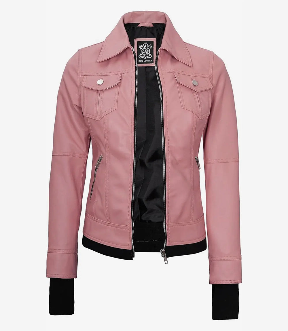 Womens Pink Bomber Leather Jacket with Removable Hood