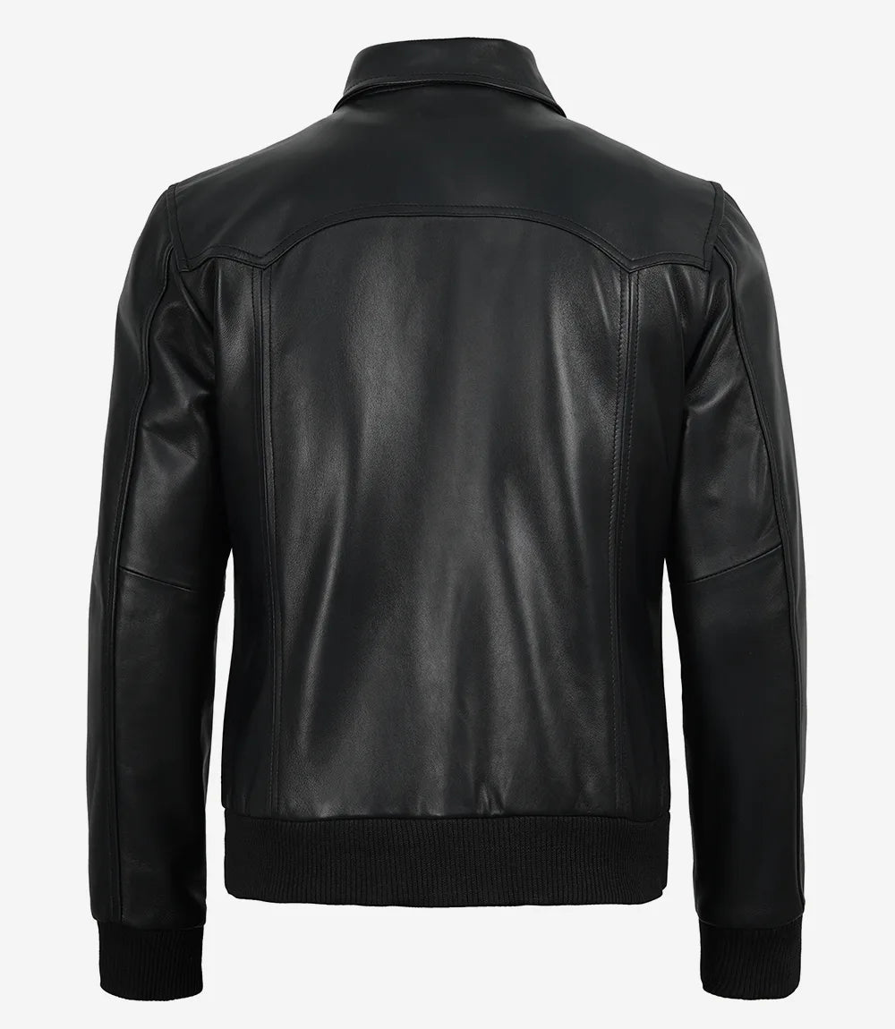 Men’s Premium Black Leather Bomber Jacket – Classic Shirt Collar