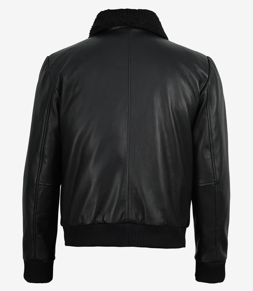 Men's Black Leather Aviator Jacket with Detachable Faux Shearling Collar