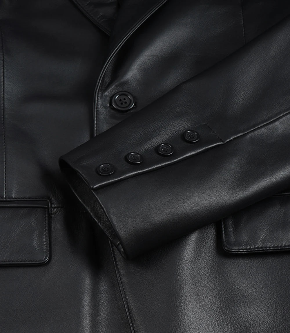 Cedric Men’s Black Lambskin Leather Blazer – Peak Lapel Tailored Fit