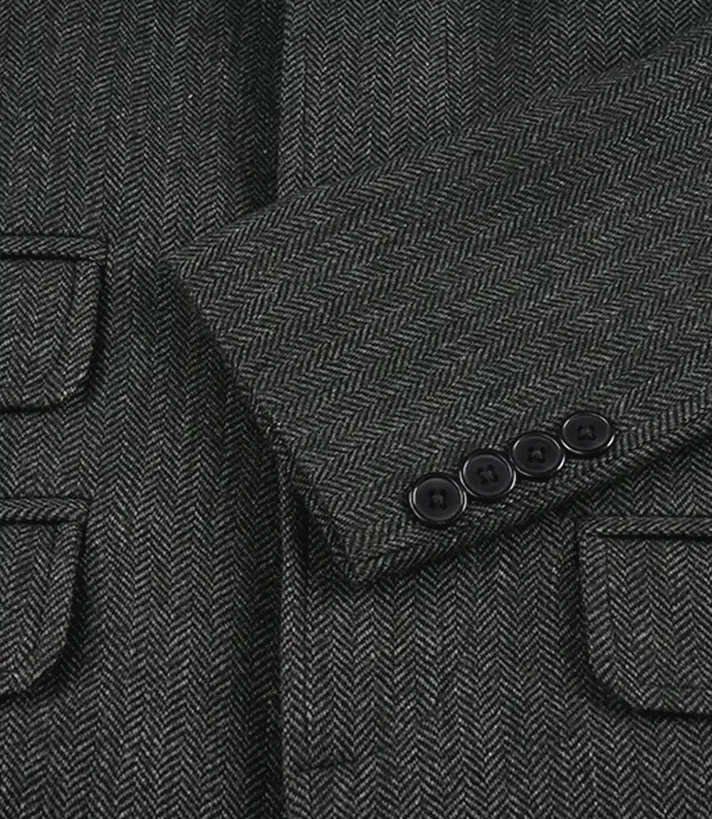 Grey Herringbone Wool Blend 3/4 Length Coat for Men