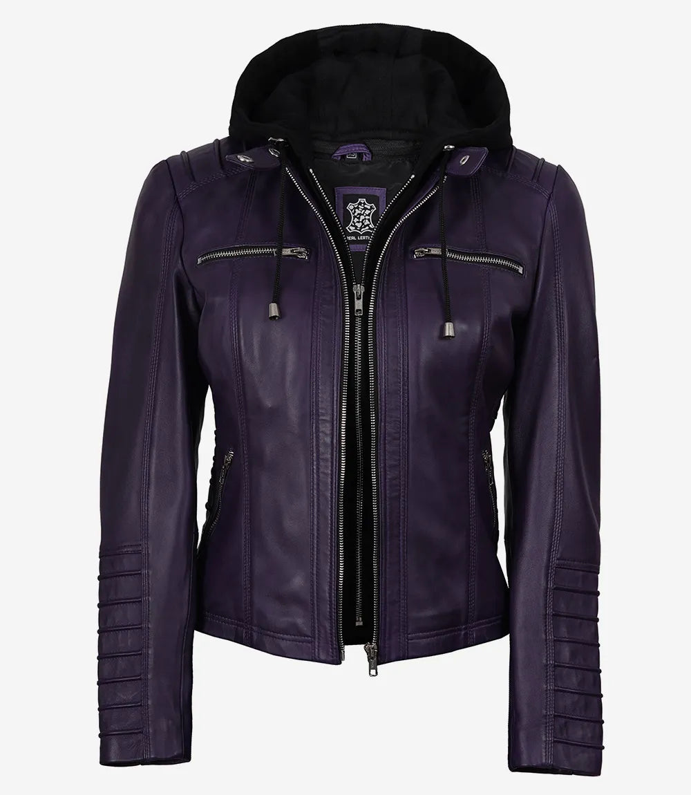 Women's Purple Real Leather Biker Jacket – Removable Hood