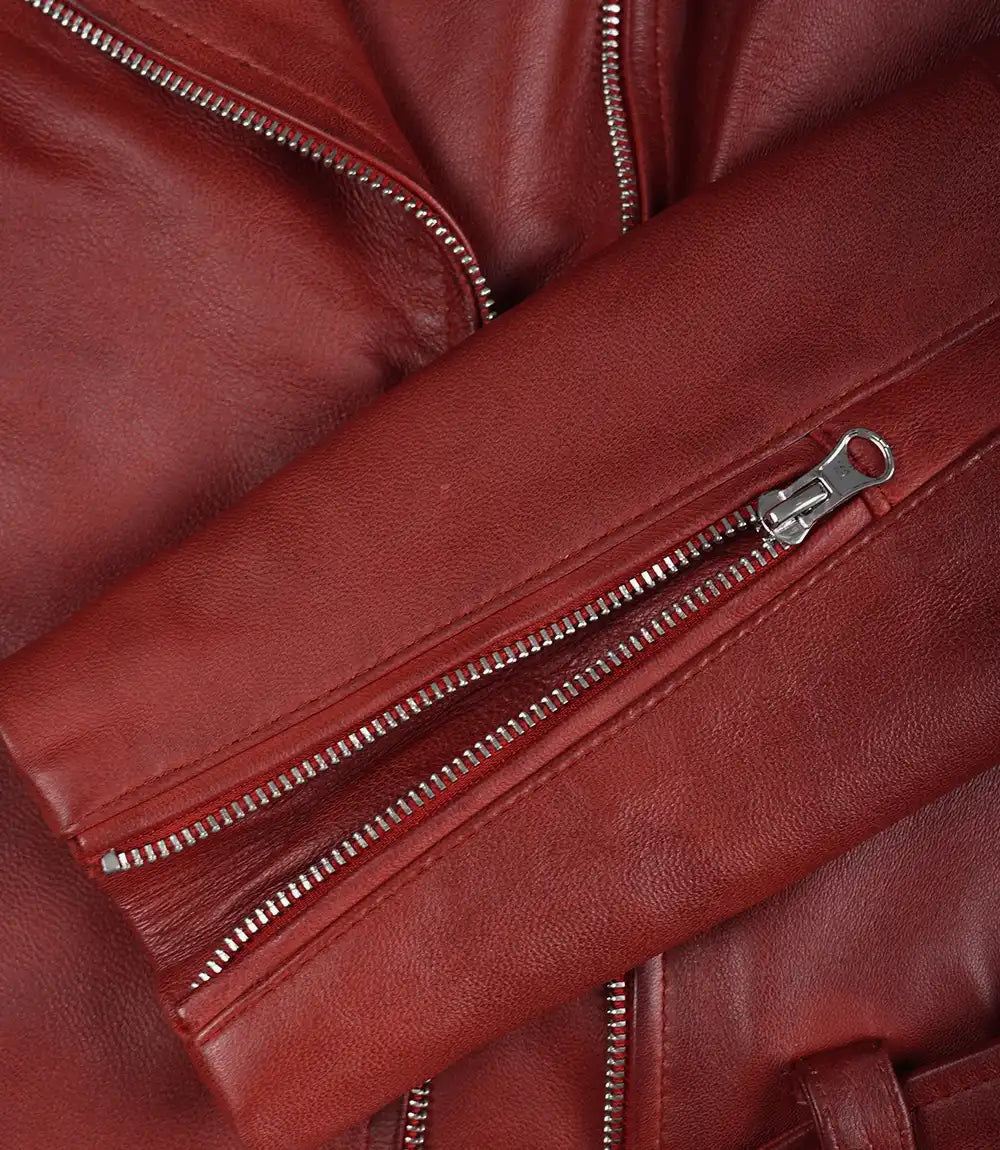 Women's Red Asymmetrical Belted Biker Style Leather Jacket