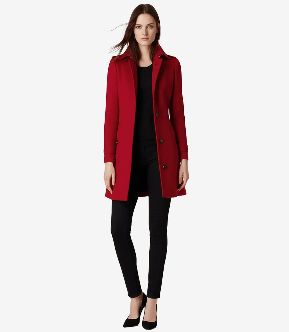Women's Single Breasted Red Wool Coat - 3/4 Length