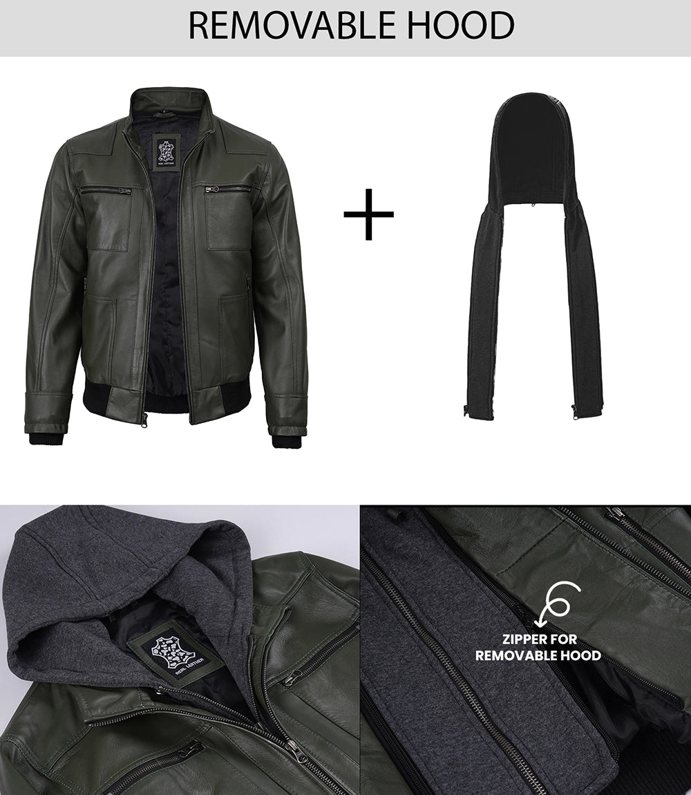 Men's Olive Green Leather Jacket With Removable Hood